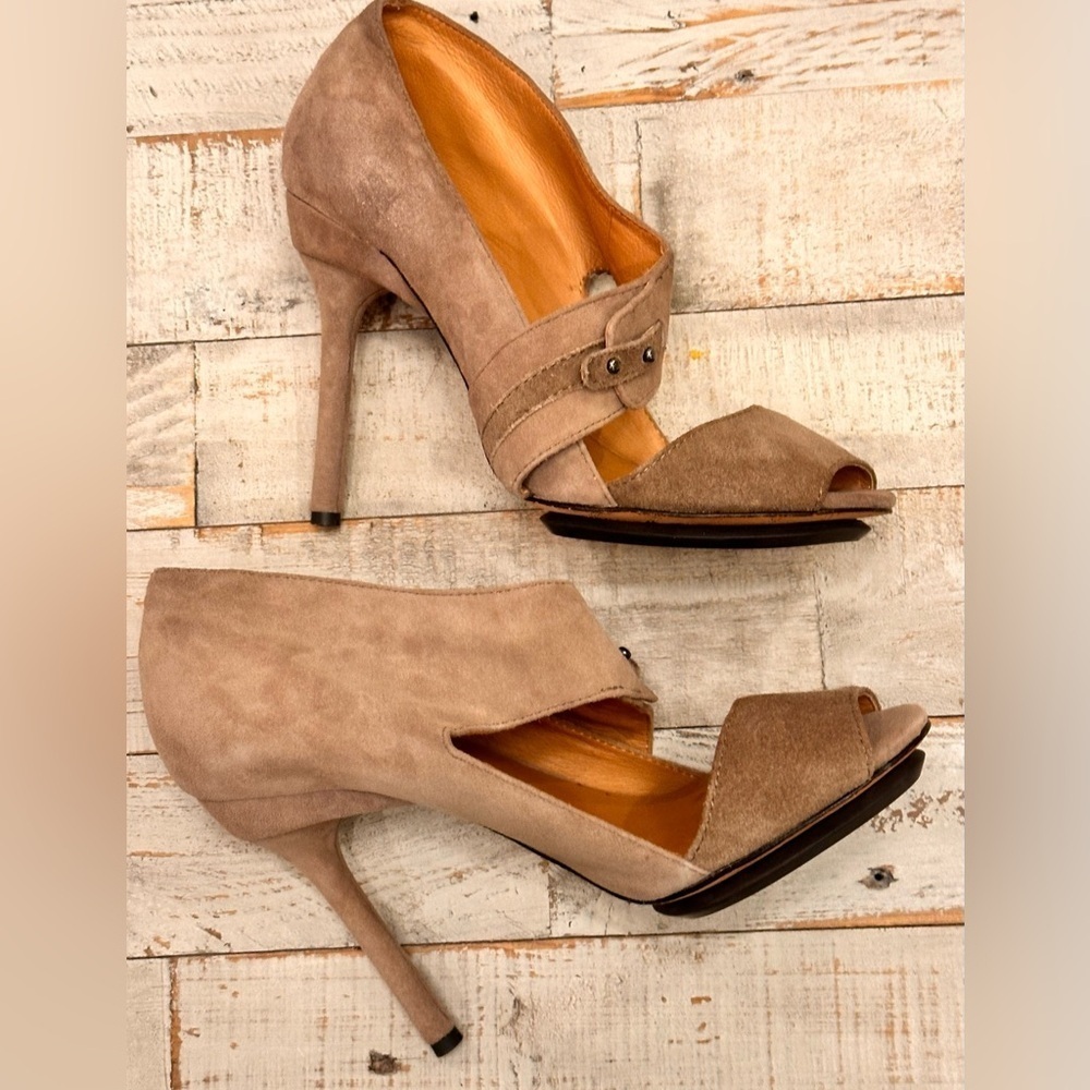 L.A.M.B. Taupe Peep-Toe Heels